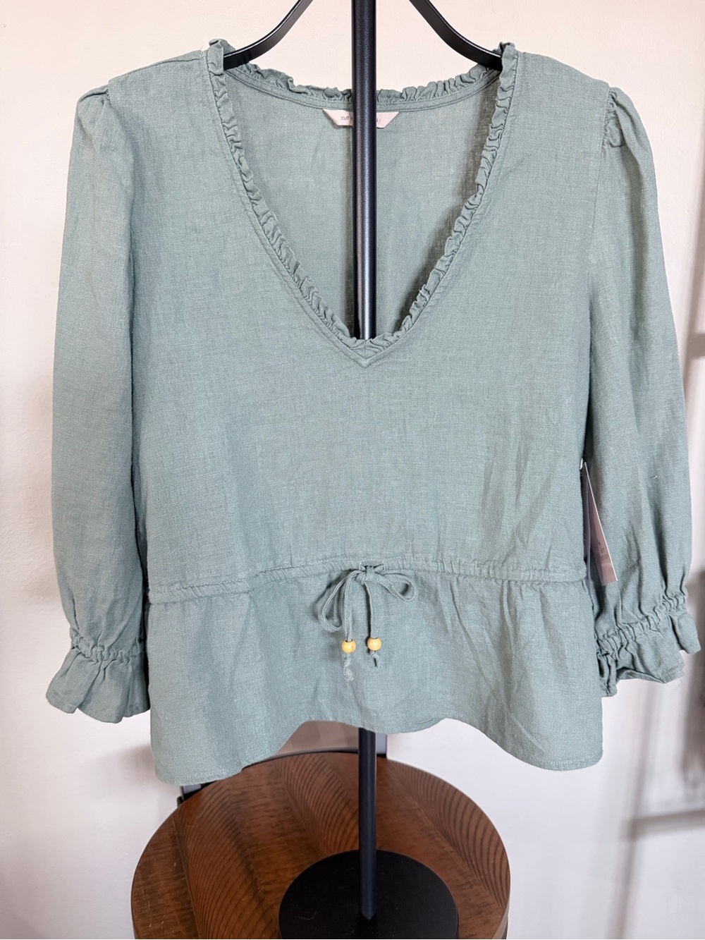 Cult of Design Green Linen Blend Ruffle V-Neck Drawstring Long Sleeve Blouse XL
